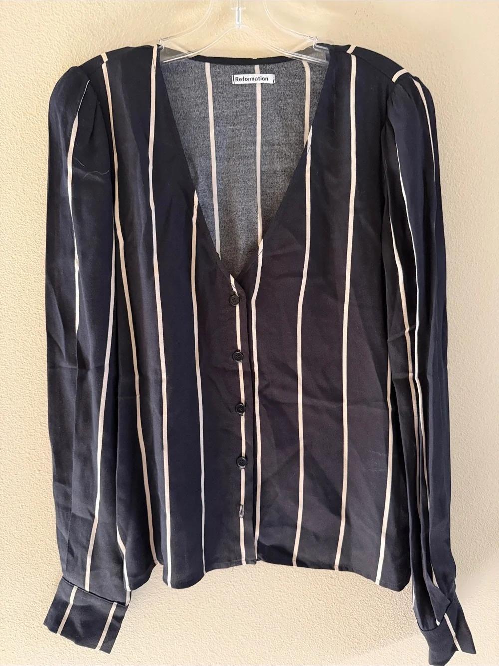 Reformation Annaliese Top NWT Size Large Black White Vertical Striped Blouse